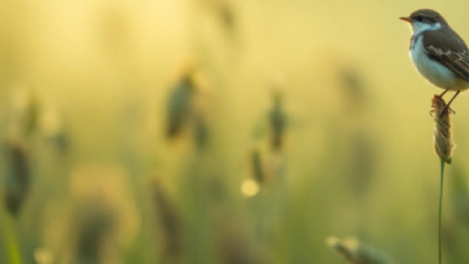 A lark resting in a misty meadow just after sunrise